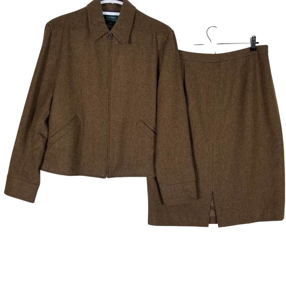 Lauren Ralph Lauren Skirt Suit Women 16 Brown Lambswool Tweed Zip Jacket Set